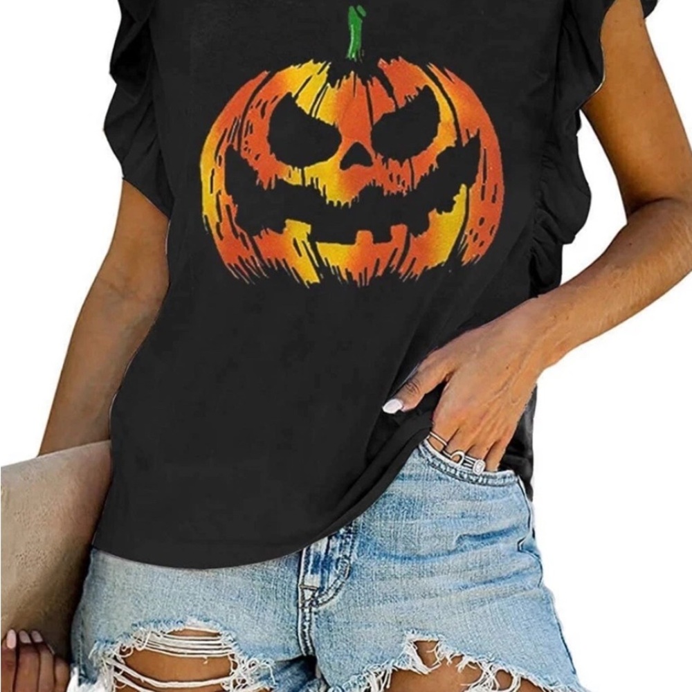 Women‘s Ruffle Sleeveless Halloween Shirt Pumpkin Jack O Lantern NEW SZ XXL